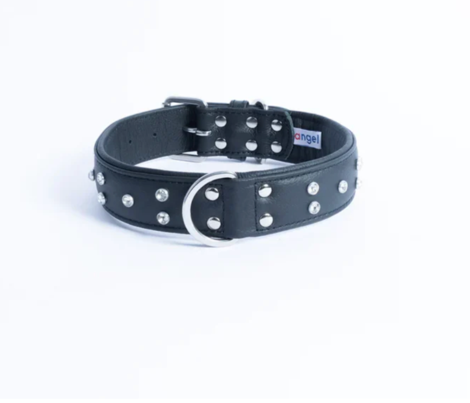 Black leather dog collar with a double row of diamonds New Zealand - Australia