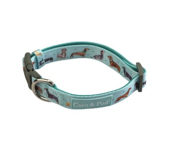 Teal green dog collar with Dachshunds on it.