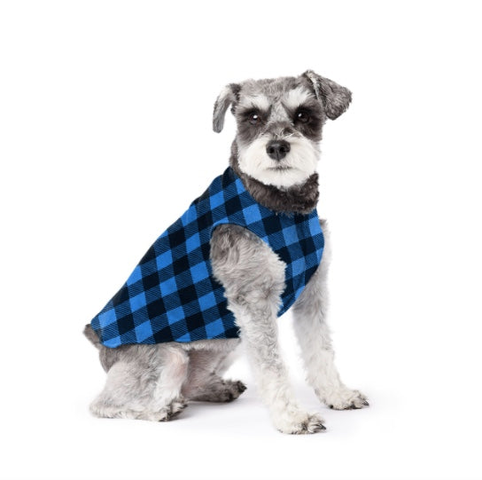 Schnauzer wearing the Buffalo Blue Stretch Fleece.
