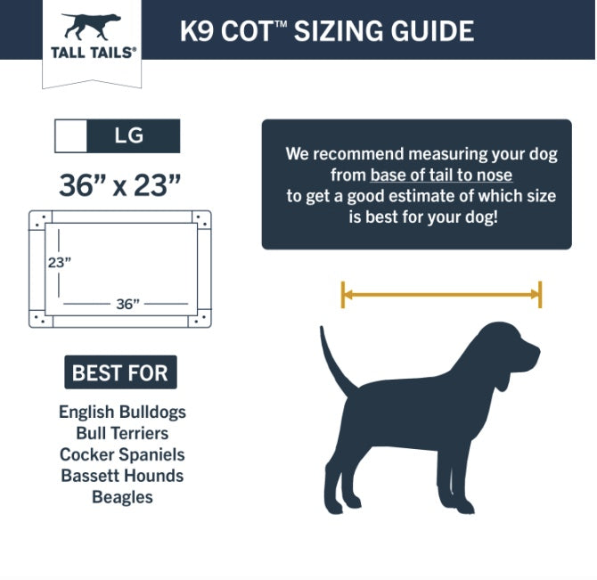 K9 Cot sizing guide for dogs with measurements and recommended breeds.