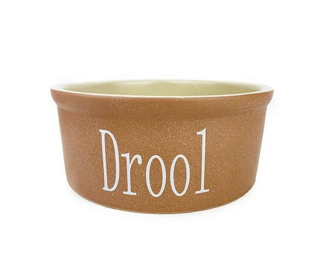 Brown ceramic bowl with 'Drool' text on a white background