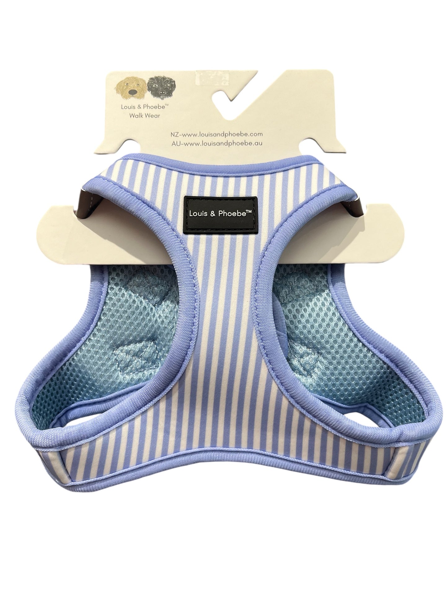 Louis and Phoebe Candy Striped Blue Step-in Dog Harness.