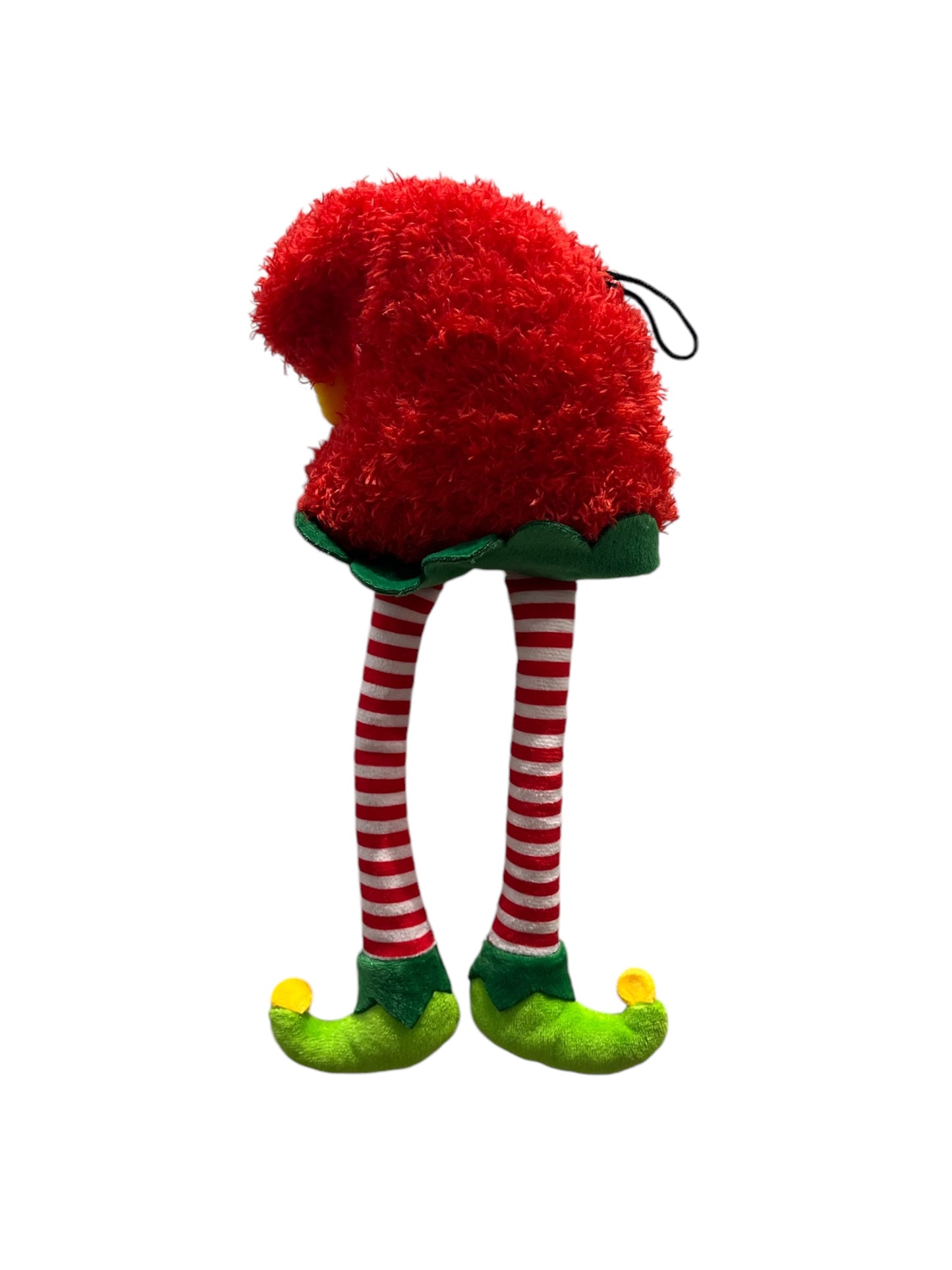Plush toy resembling a Christmas elf with red hair, striped legs, and green shoes on a white background.