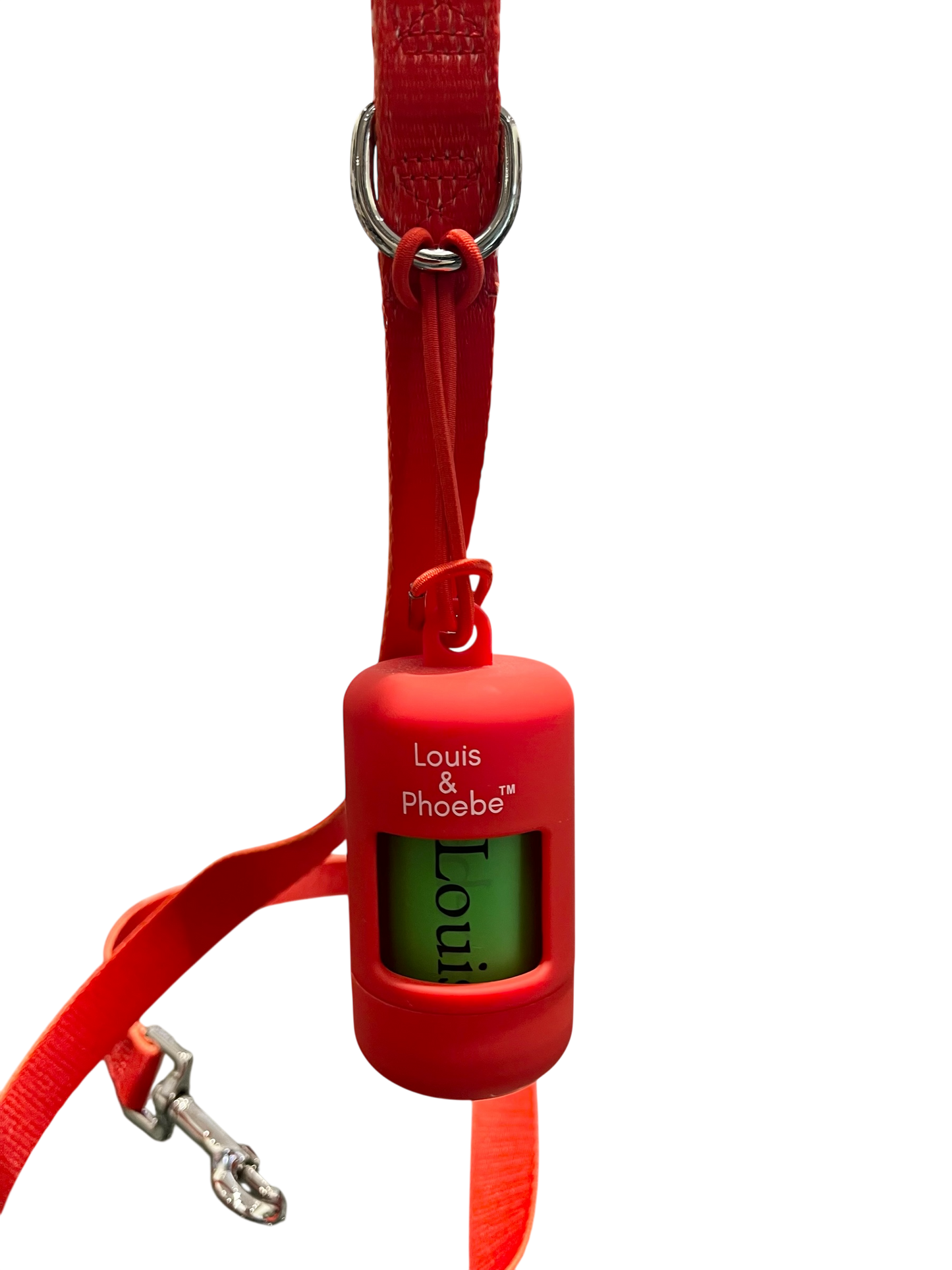 Simply pop onto your lead so you always have poo bags when you are out walking. Poop bag holder on a red lead.