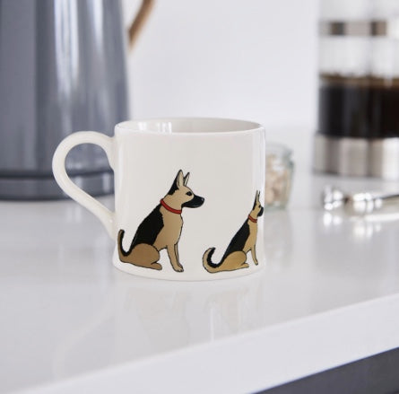 white porcelain German Shepherd dog mug