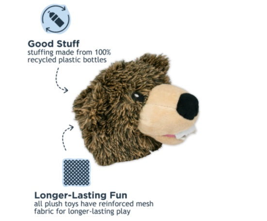 Plush toy bear with text about recycled plastic stuffing and reinforced mesh fabric on a white background