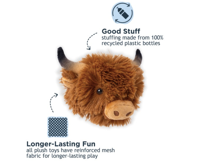 Plush toy cow with sustainability features highlighted on a white background
