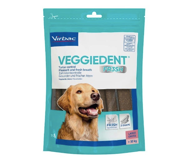 VeggieDent FR3SH dog treats for clean teeth.