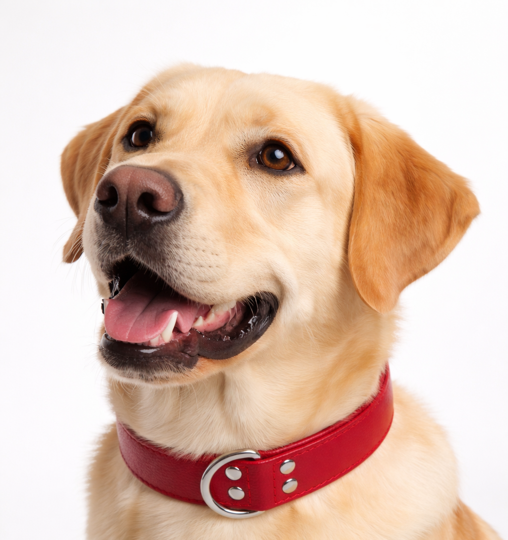 Labrador wearing the Angel Alpine leather dog collar red NZ