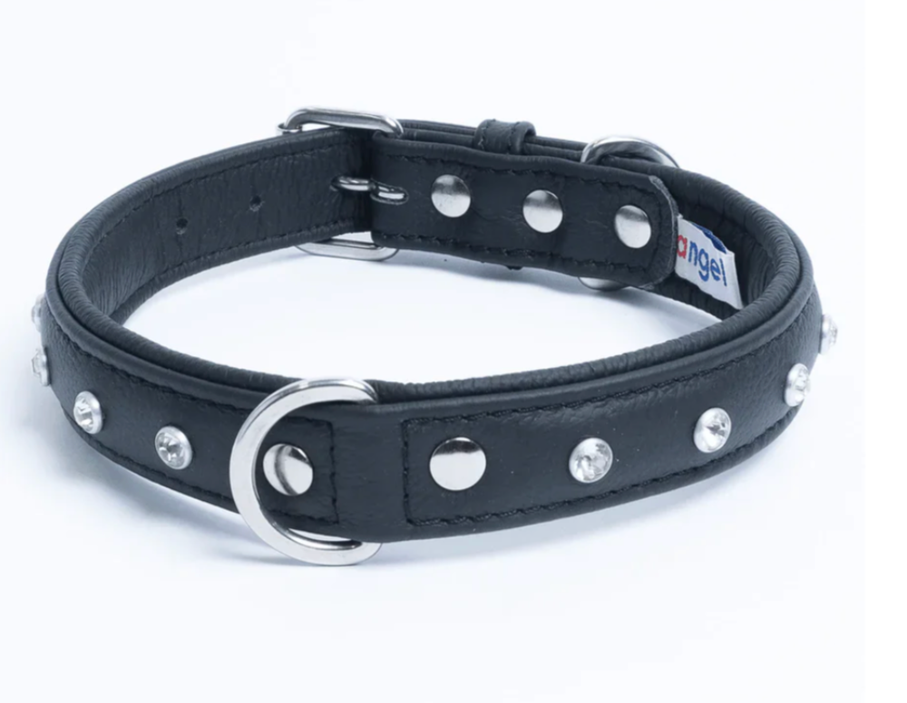 Black leather dog collar with diamonds NZ and Australia