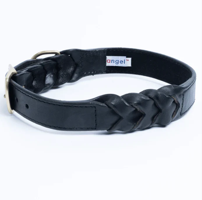 Black Leather Braided Dog Collar with stainless steel XL New Zealand