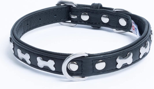 Black leather Bones Dog Collar