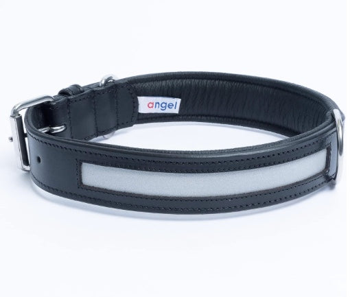 Padded reflective Black leather dog collar.