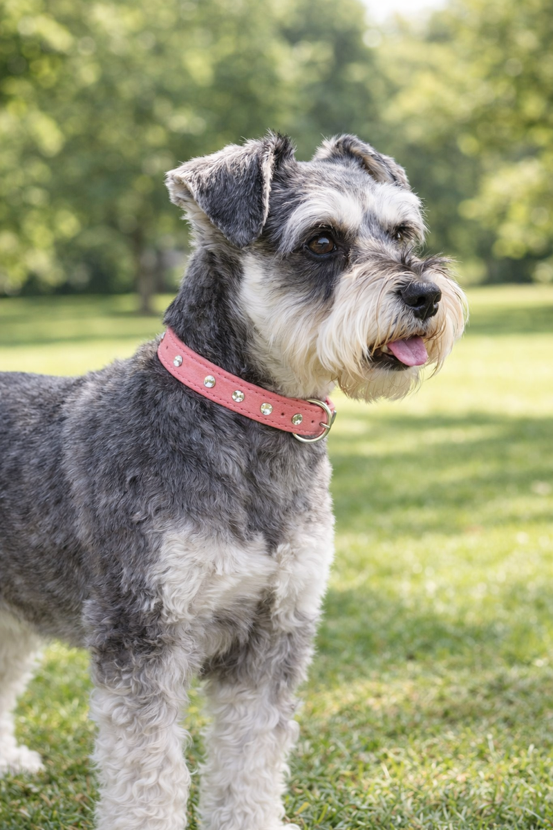 Schnauzer wearing a pink leather diamonds collar NZ