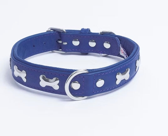 Leather dog collar blue