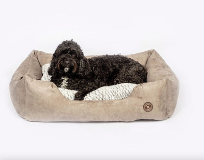 A Spoodle lying in the Arctic Snuggle dog bed.