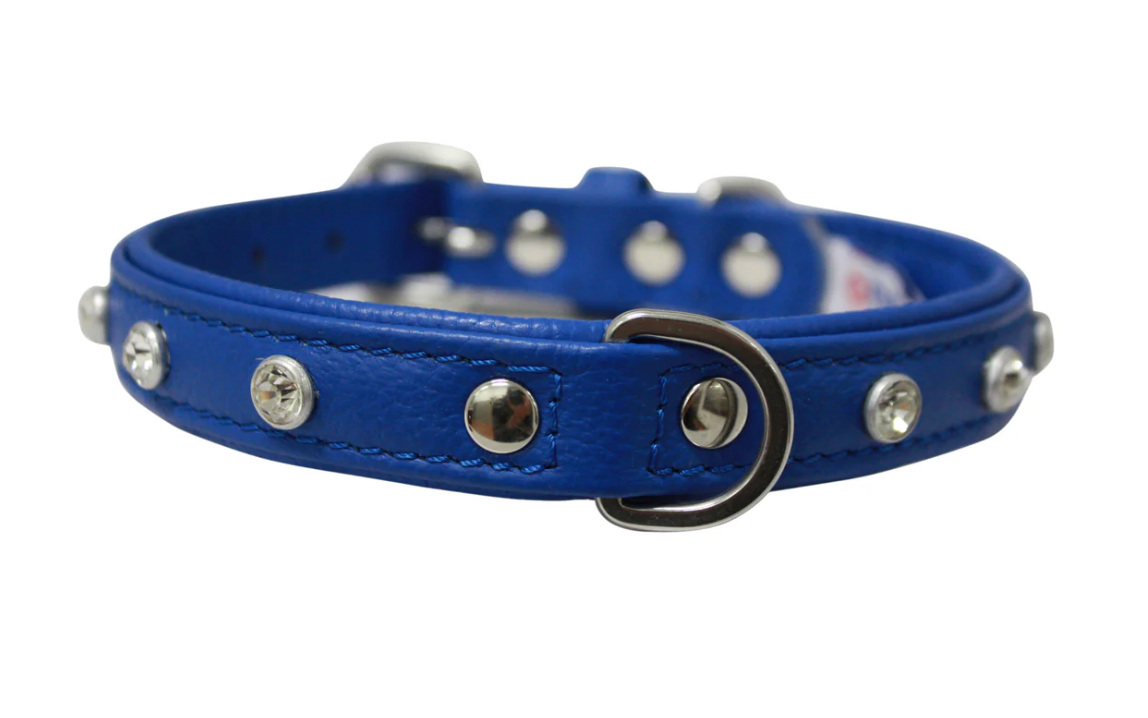 Blue leather dog collar with replica diamonds New Zealand