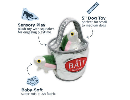Plush dog toy bucket with baby soft fish made from soft plush.