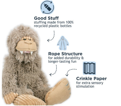 Soft but tough dog toy with rope structure to make it more durable.