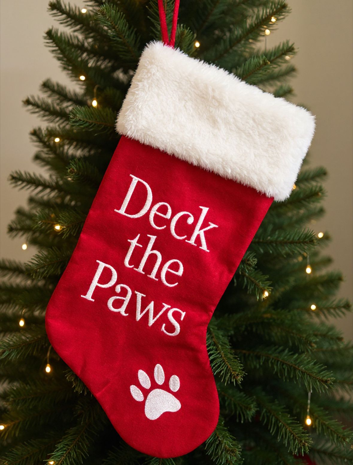Red Christmas stocking for your dogs favourite toys and treats.