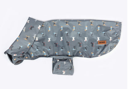 Shows the FatFace Marching dog raincoat.