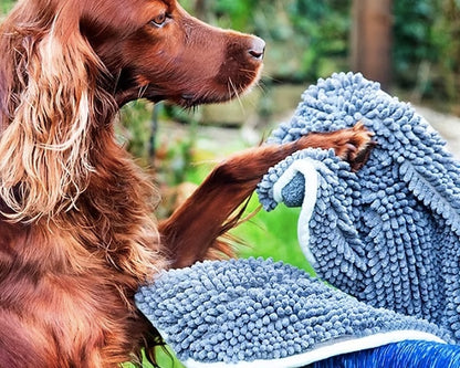 Dogs loved being rubbed dry with the soft noodle plush towel.