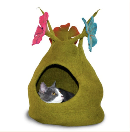 Crafted from pure wool cats love these gorgeous vat caves.  Shows the flowers at the top.  at can put its paws through the hole at the top and play with the flowers.