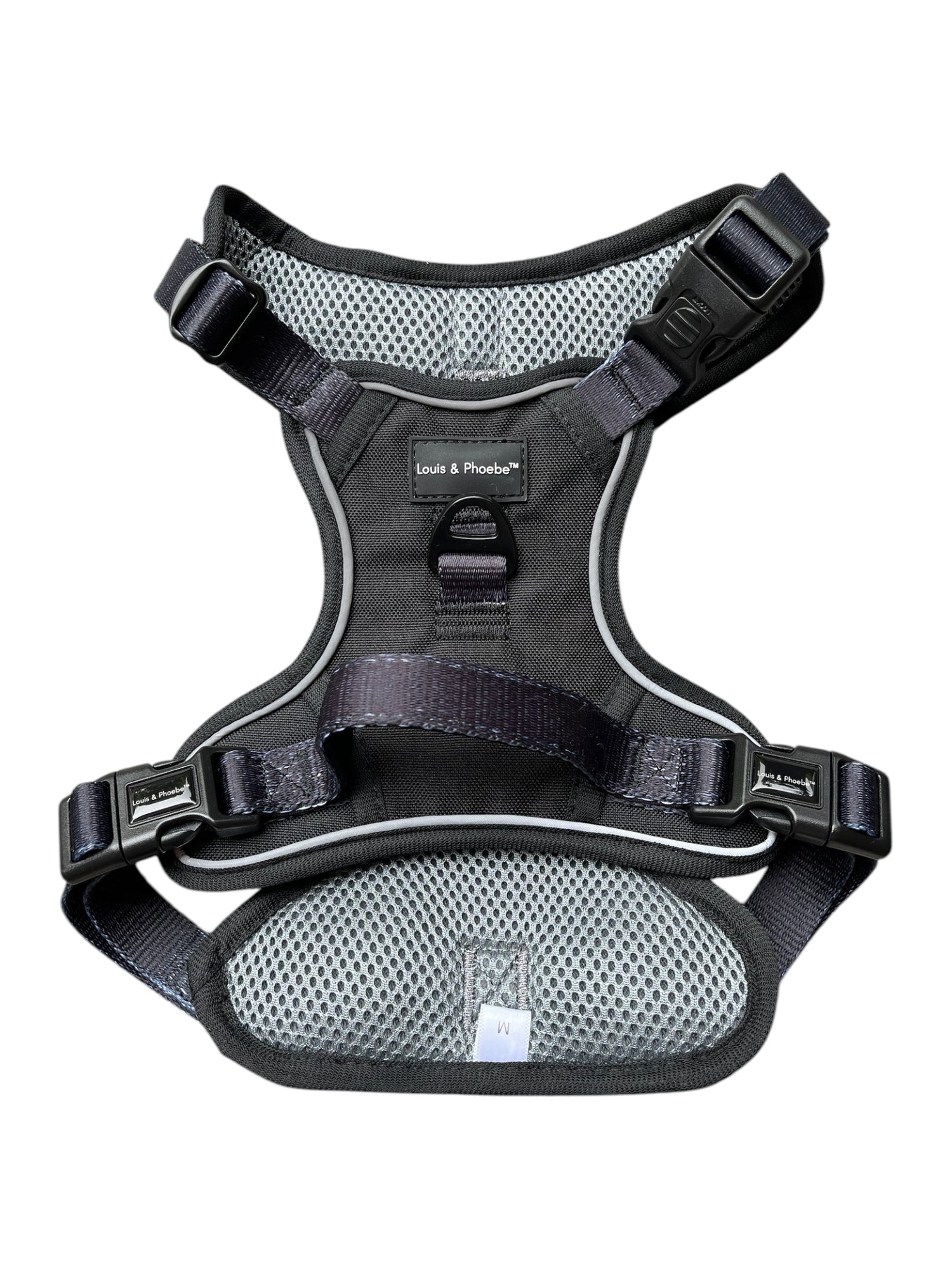 Fully adjustable dog harness with back and front leading.