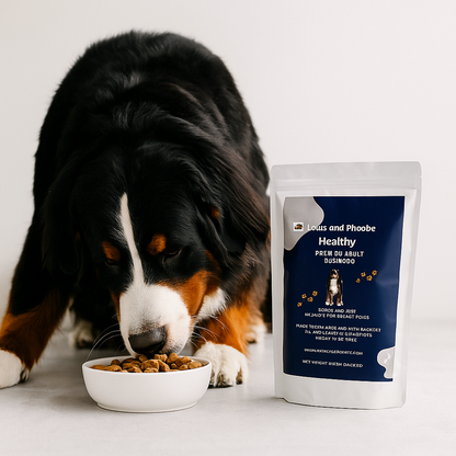 Bermese Mountain Dog eating Louis and Phoebe Healthy dog food Nuggets.