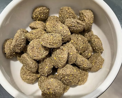 Larger Button dog food encourages your dog to chew its food.