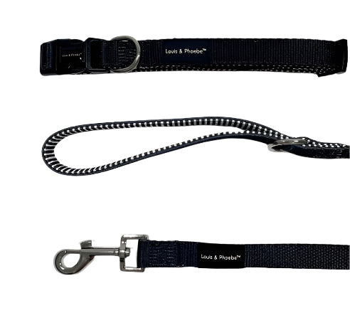 Our black collar has a soft white and black striped neoprene lining.