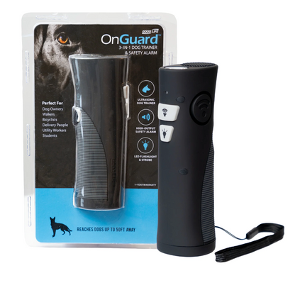 OnGuard 3-in-1 dog trainer and safety alarm with packaging on a white background New Zealand