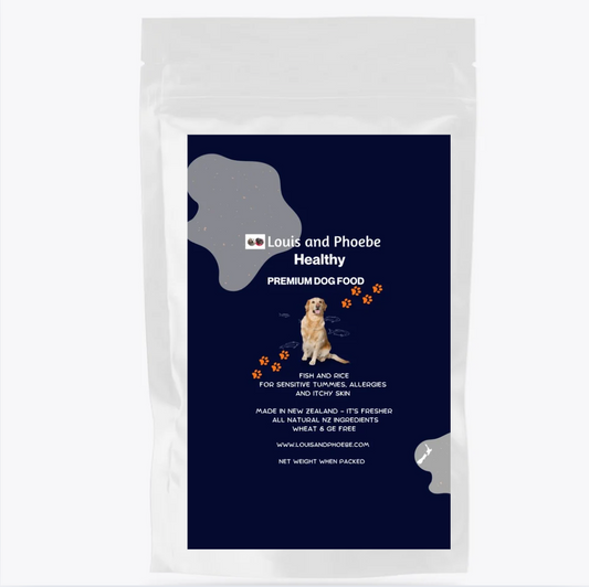Dog food package with a blue label featuring text and a dog illustration on a white background
