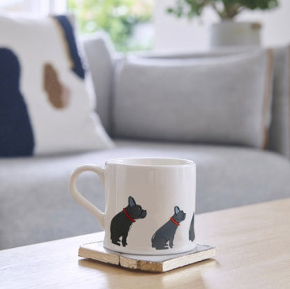 Ceramic white mug with a French Bulldog on it.