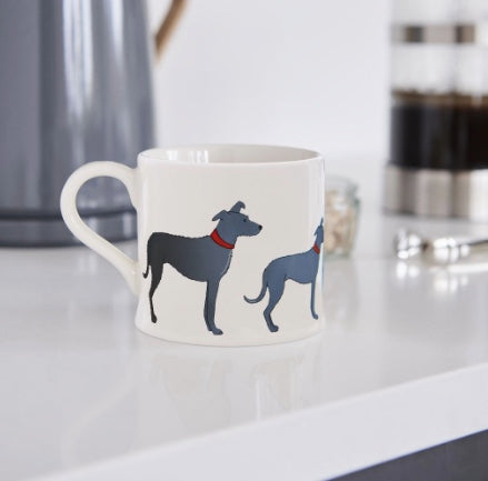 White porcelain mug with a greyhound/lurcher on it