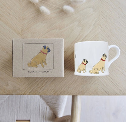 White porcelain mug with a Pug printed on it NZ