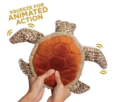 Press his back and its flippers move.