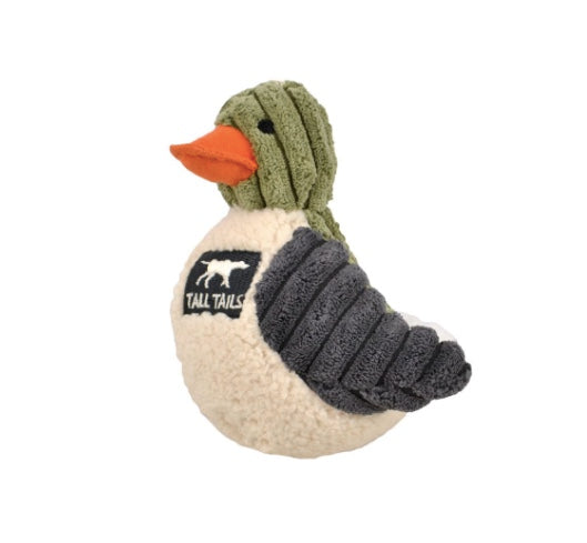 Plush duck toy with a visible brand logo on a white background