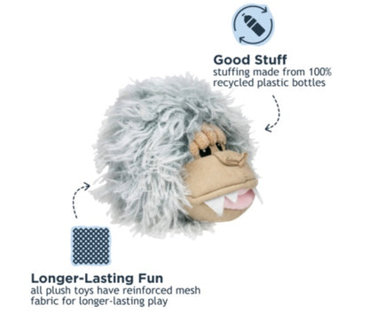 Plush toy with text about recycled plastic stuffing and reinforced mesh fabric.