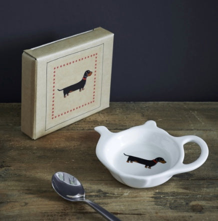 White teabag dish with a Dachshund on it.