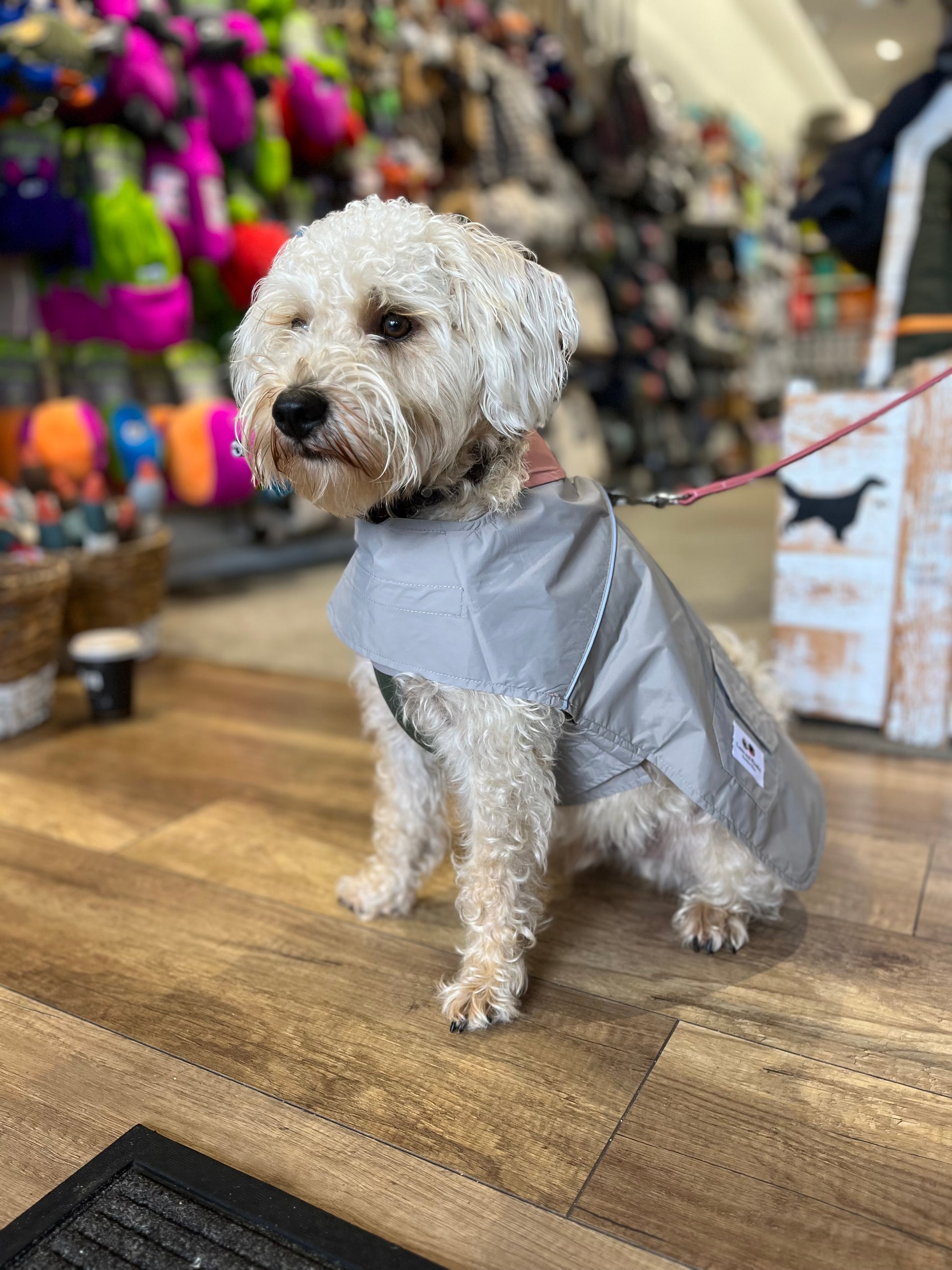 Waterproof dog raincoat reversible pink and grey NZ