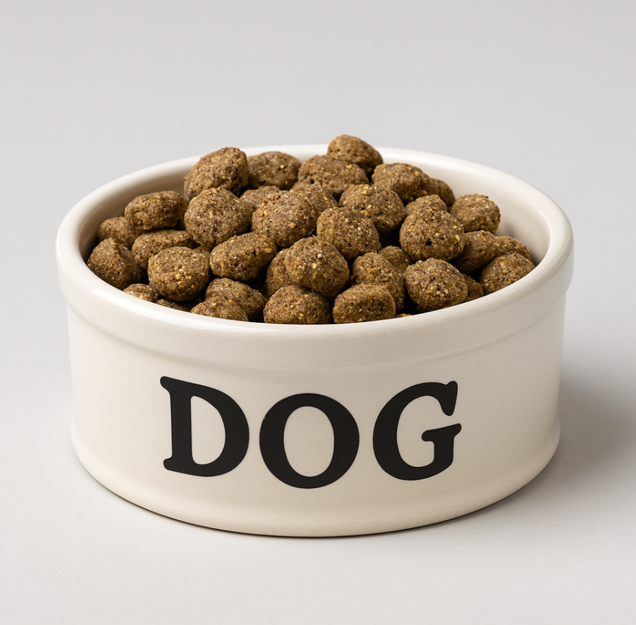 White bowl with 'DOG' on it filled with brown dog food on a light gray background