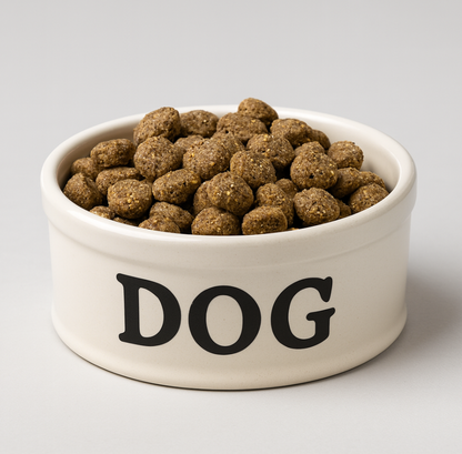 White bowl with 'DOG' on it filled with brown dog food on a light gray background